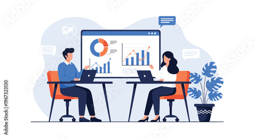 Business colleagues working at their desks with laptops and a large data dashboard showing financial analytics.