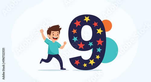 Happy young boy running and celebrating with his arms raised next to a giant number nine decorated with stars.
