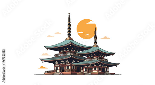 Traditional japanese pagoda architecture shown at sunset with a large orange sun and clouds in a clean vector art style.