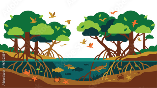 Mangrove forest ecosystem with underwater roots and aquatic creatures.