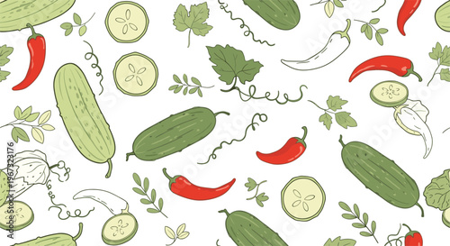 Seamless vegetable pattern featuring whole and sliced cucumbers green leaves red chili peppers and white flowers.