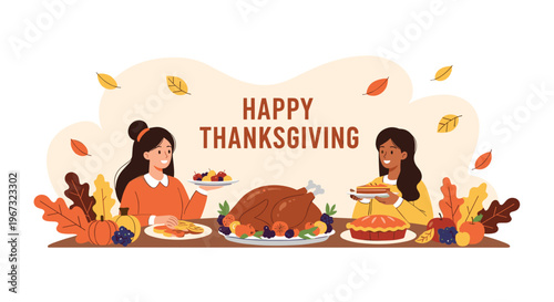 Two happy women share a traditional thanksgiving dinner featuring roasted turkey and seasonal autumn decorations on a festive table.