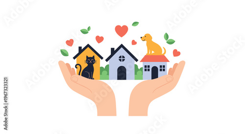 Human hands gently cradle small houses with cat and dog silhouettes representing pet friendly housing and animal shelter protection.