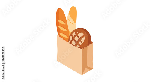 Variety of fresh bakery products including long french baguettes and a round loaf inside a brown paper grocery shopping bag.