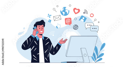 Young man talks on a mobile phone while standing by a computer screen with various social media and communication icons floating.