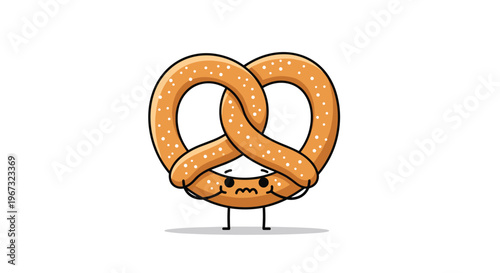 Cute and funny cartoon pretzel character with a tiny face and thin legs standing on a clean white background in a flat style.