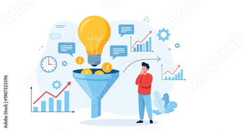 Thinking businessman stands next to a large funnel converting bright ideas into gold coins representing profitable innovation and investment.