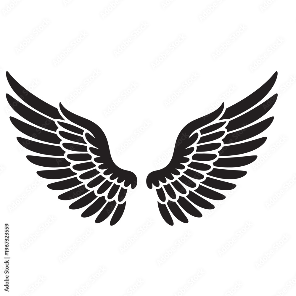 Fototapeta premium Black symmetrical angel wings with detailed feathers isolated minimalist vector design