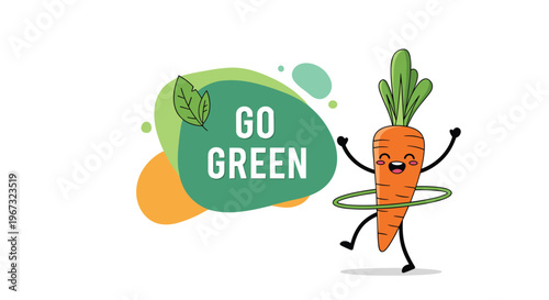Cute cartoon carrot character performs exercise with a hula hoop next to the text go green promoting healthy and eco-friendly lifestyle.