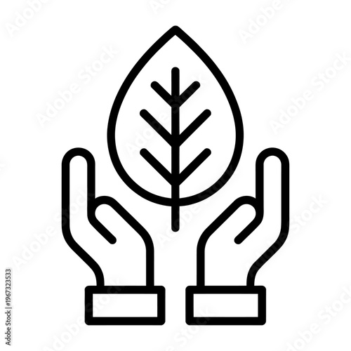 Vector graphic of two hands holding a green leaf symbolizing nature and care for the environment.