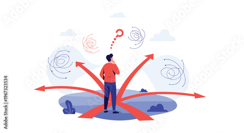 Undecided man stands at a crossroads with multiple red arrows pointing in different directions symbolizing complex decision making.