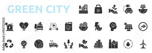 Green City icon glyph style with eco bag, plant growth, electric car, renewable, city, green, energy, mind icons