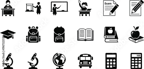 A collection of black and white educational icons representing various aspects of learning, from school supplies and classrooms to academic achievements and scientific exploration