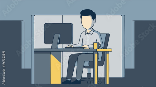 Professional working on desktop computer in modern office cubicle