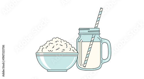 Healthy breakfast or snack featuring a bowl of fresh cottage cheese next to a glass mason jar of milk with a striped straw.