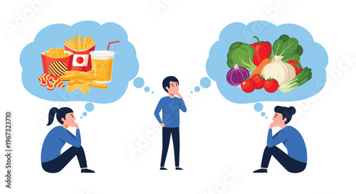 People compare and contemplate their food choices between healthy fresh vegetables and tempting fast food junk food options.
