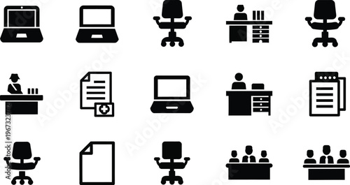 Streamlined vector icon set illustrating various essential elements of business administration and corporate work environment concepts