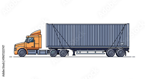 Side profile illustration of a powerful orange semi truck hauling a large silver shipping container on a multi axle trailer.