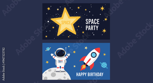 Set of two space themed invitation cards for a birthday party featuring an astronaut on the moon and a rocket ship in flight.