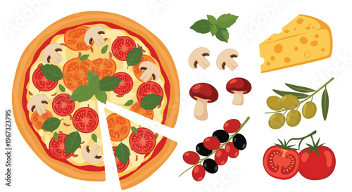 Delicious pizza is shown from above with various fresh ingredients like mushrooms, cheese, olives, and tomatoes laid out alongside.