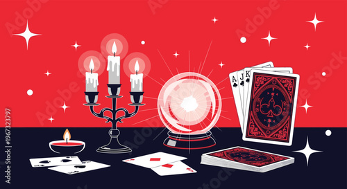 Mystical fortune teller table setting with a glowing crystal ball, tarot cards, lit candles, and a dark celestial background.