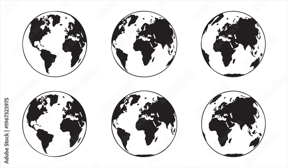 Obraz premium Minimalist seamless globe pattern with world map icons in black and white grid design