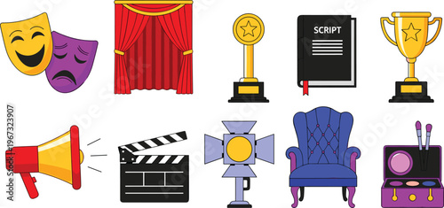Film and Theater Icons Set with Masks, Curtain, Trophy, Megaphone, and Director's Chair for Websites, Apps, and Digital Media