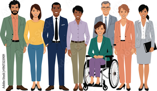 Diverse business team vector illustration, multiethnic professional people standing together, inclusive workplace concept with woman in wheelchair, corporate employees in formal office attire