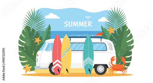 Tropical summer vacation illustration features a white camper van with colorful surfboards and palm leaves on a beach.