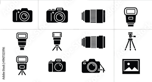 Modern monochrome vector icons of professional photography tools including digital cameras, zoom lenses, speedlights, and tripods