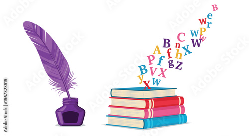 Classic writing scene features a stack of books with colorful letters flying out and a purple quill pen in a glass inkwell.