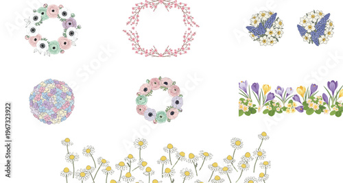 beautiful hand drawn floral wreaths and botanical elements on white background