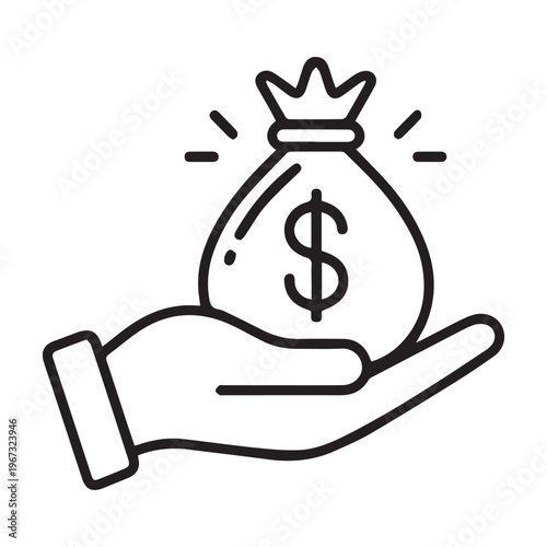 Hand holding a money bag with dollar sign icon.