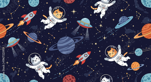 Playful seamless pattern features cute cat astronauts floating in outer space among colorful planets, stars, and spaceships.