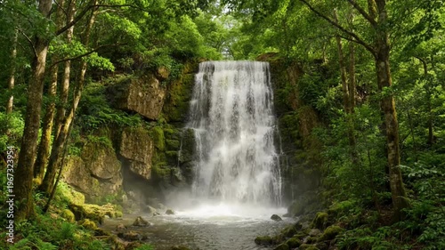 A majestic waterfall cascades down a rocky cliff face, surrounded by lush green trees and vibrant foliage, creating a serene natural landscape.