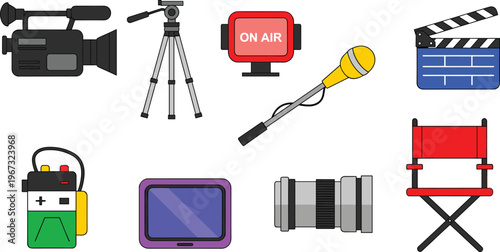 Film Production and Broadcasting Icons Set with Camera, Microphone, Tripod, Director's Chair, and On Air Sign for Websites, Apps, and Digital Media