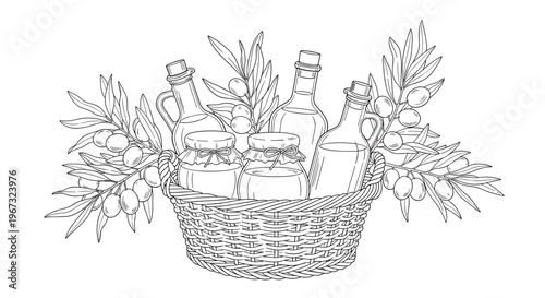 Artistic line drawing of a wicker basket filled with glass jars and bottles of olive oil surrounded by fresh olive branches.