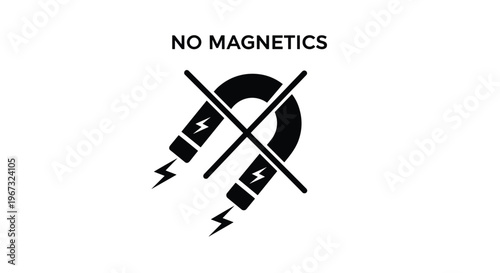 Safety warning sign features a crossed out horseshoe magnet with the text no magnetics for restricted areas or items.