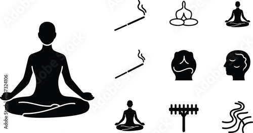 Diverse collection of mindfulness, meditation, and yoga icons, promoting inner peace, serenity, and holistic wellness practices