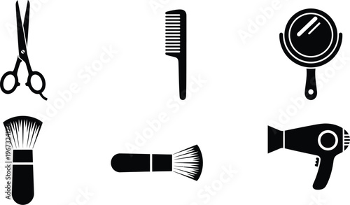 Essential hair and beauty grooming tools vector icon collection for professional salon and personal care needs, featuring modern styling instruments