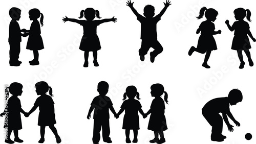 Collection of children silhouettes playing and holding hands, black vector silhouettes of boys and girls isolated on a white background, childhood.