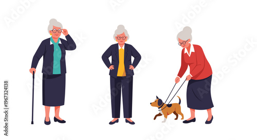 Elegant senior woman enjoys her retirement lifestyle walking her dog in various classic outfits and professional business suits.