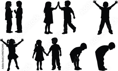 Collection of black children silhouettes playing and holding hands, happy boys and girls vector elements isolated on a white background.