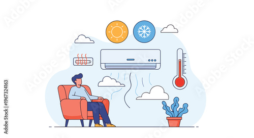 Man sitting in a comfortable armchair in his living room while using a modern air conditioning unit to regulate the indoor temperature and humidity.