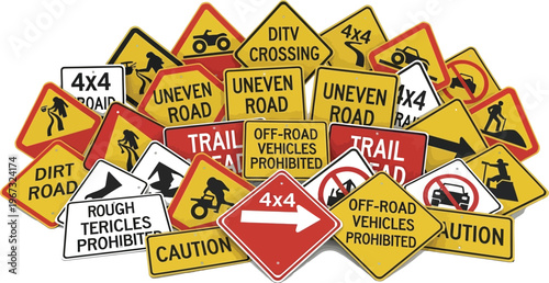 Many off road signs piled together.