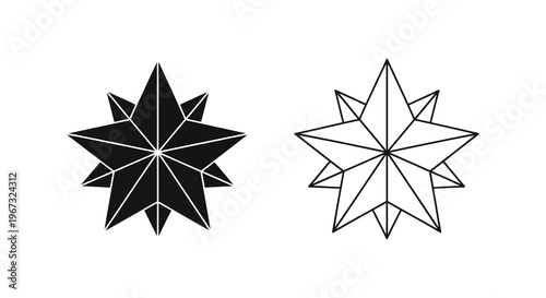 Two geometric stars one filled and one outlined presented in stark contrast silhouette