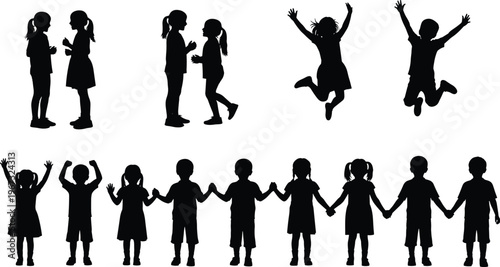 Collection of children silhouettes holding hands and jumping, black vector silhouettes of boys and girls isolated on a white background.