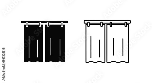 Black and white curtain icons depicting open and closed states silhouette