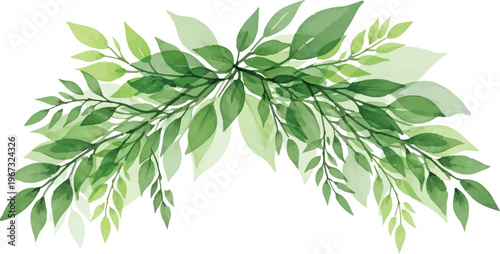 Watercolor green leaves arch vector, botanical foliage border for wedding invitations, elegant garden greenery branch illustration
