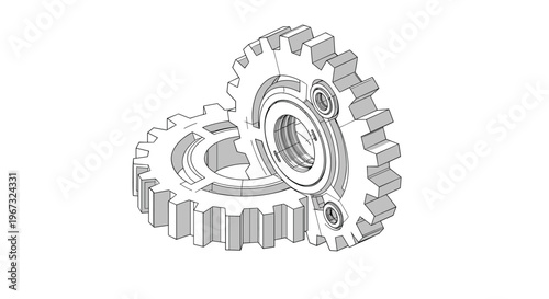Technical illustration shows two interlocking silver metallic gears in a three dimensional view for engineering concepts.